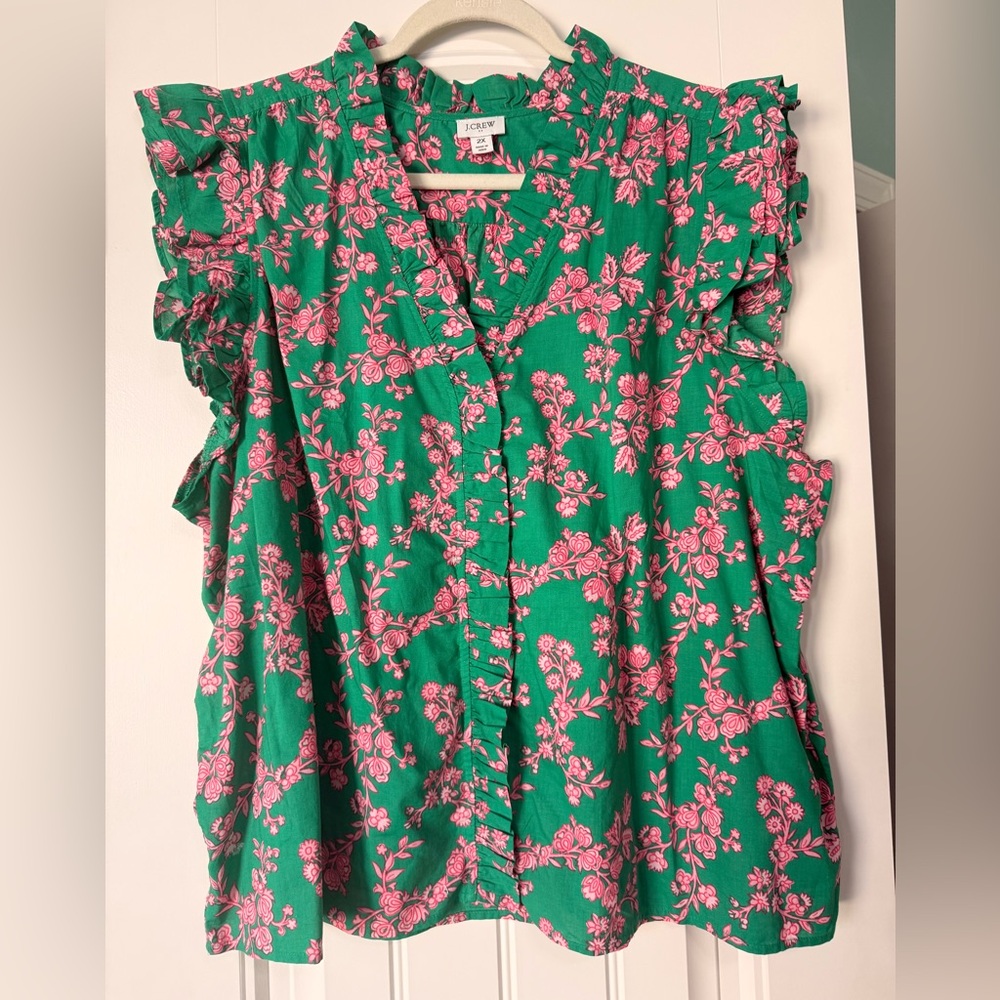 J. Crew Vibrant Green and Pink Floral Blouse - 2X